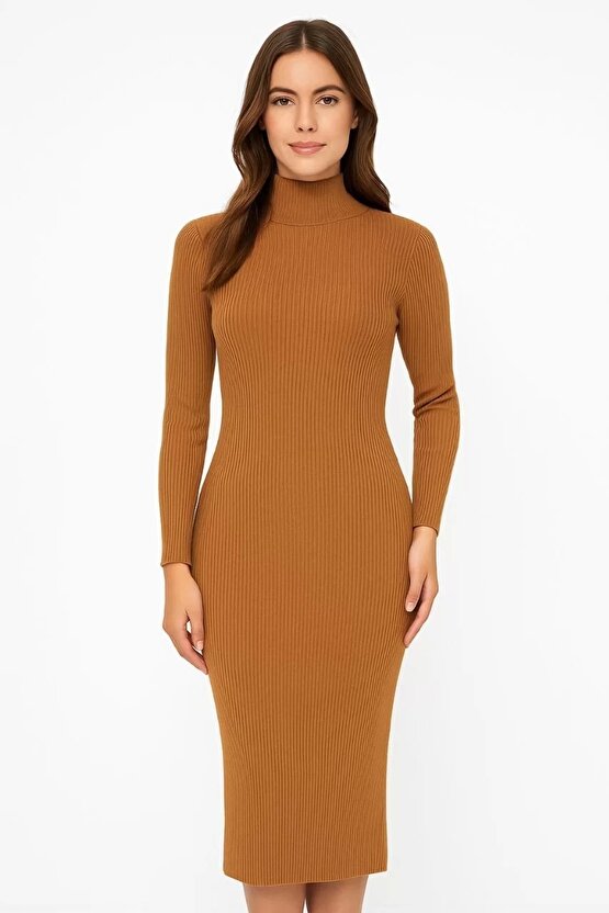Kadın Boğazlı Uzun Fitilli Triko Dokuma Elbise - Kahverengi
