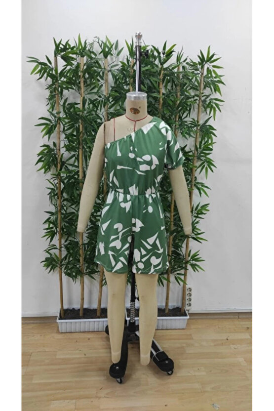 Kadın Tek Omuzdan Açık Beli Lastikli Desenli Süprem Tulum