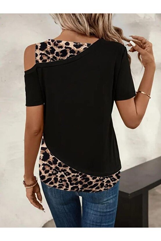 Kadın Kısa Kollu Geometrik Kesin Detaylı çift Renkli Viskon Bluz