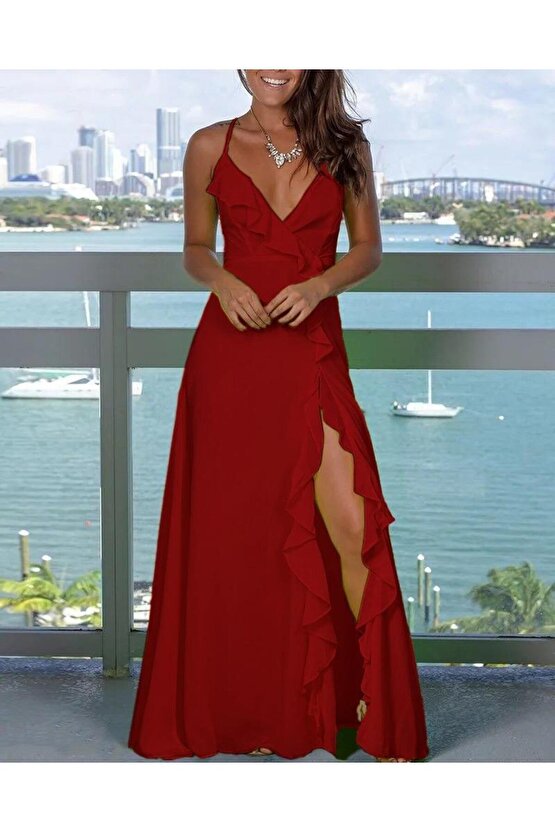 Kadın Ip Askılı Dekolteli Yırtmaç Detay Krep Elbise