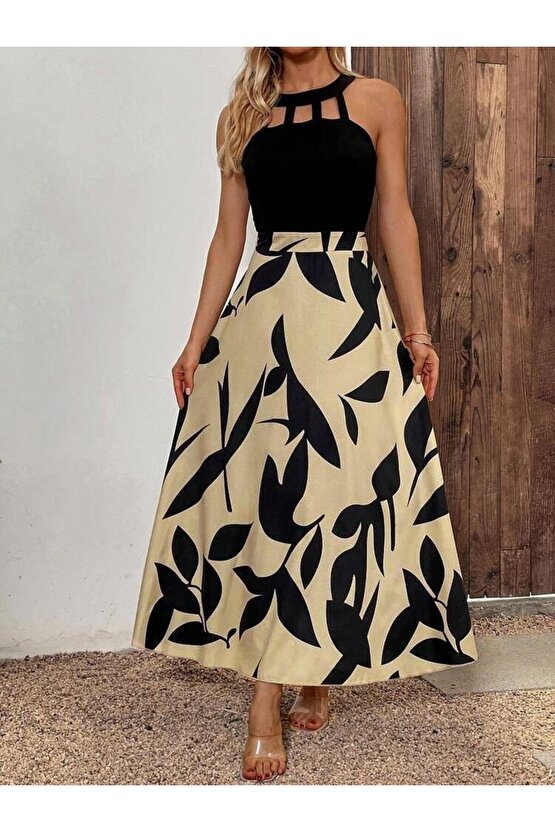 Kadın Sıfır Kollu Yakadan şeritli Omuzlardan Açık Janjan Krep Desenli Al Dalgıç Maxi Elbise