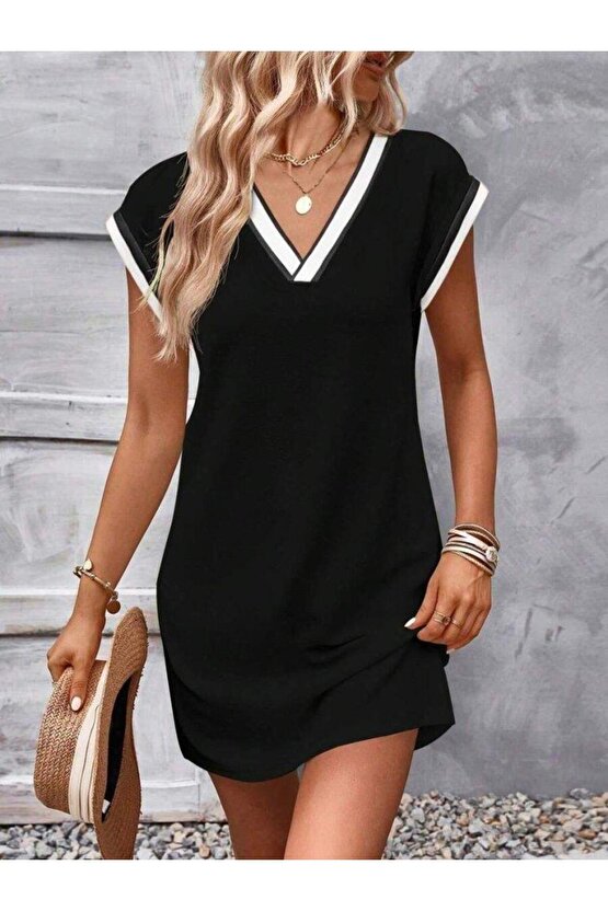Kadın Kısa Kollu V Yakalı Ribanalı Modal Mini Elbise