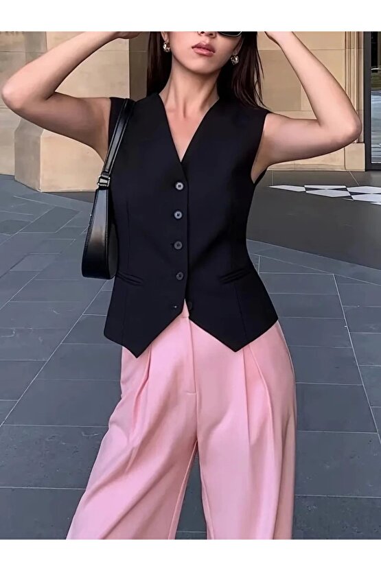 Kadın Sıfır Kollu önden Düğmeli Atlas Yelek