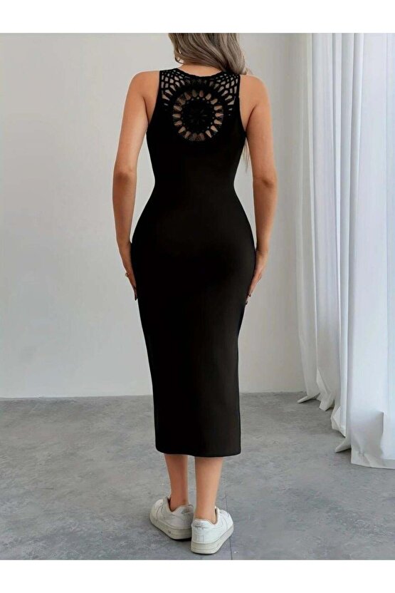 Kadın Askılı Yuvarlak Yakalı Yandan Yırtmaçlı Arkası Dantel Detaylı Viskon Elbise