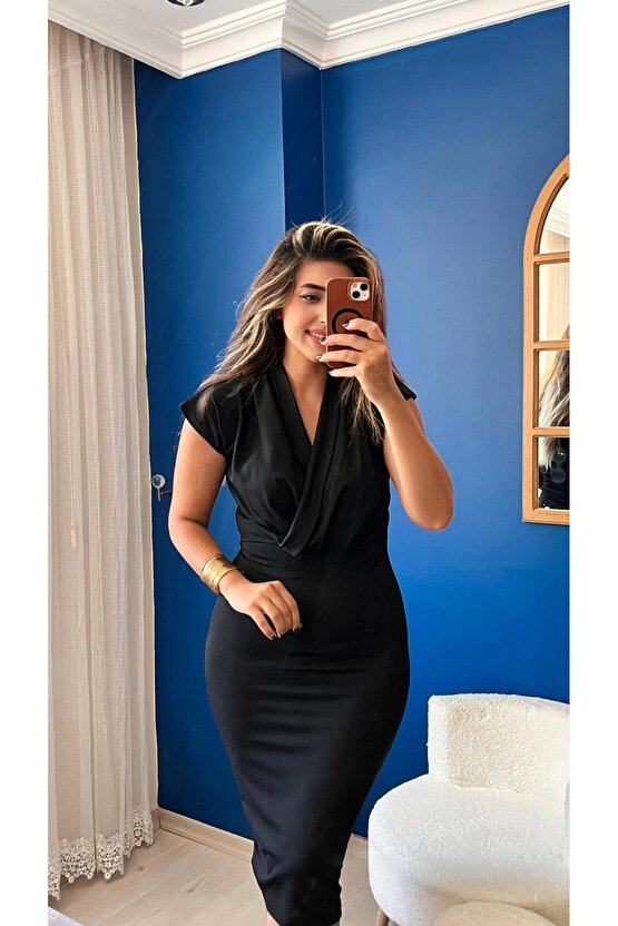 MDB Kadın Kısa Kollu Kruvaze Yaka Krep Elbise (Kemersiz)