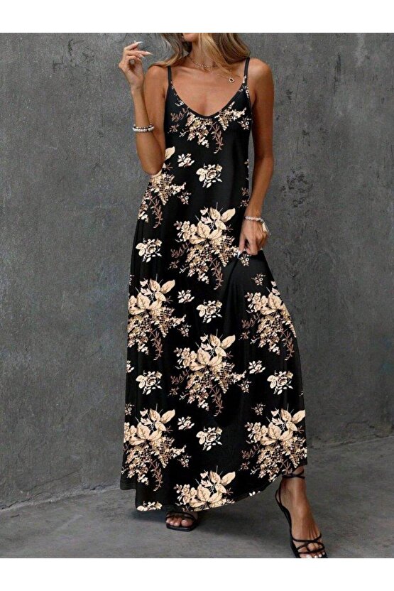 Kadın Ip Askılı V Yakalı çiçek Desenli Süprem Elbise