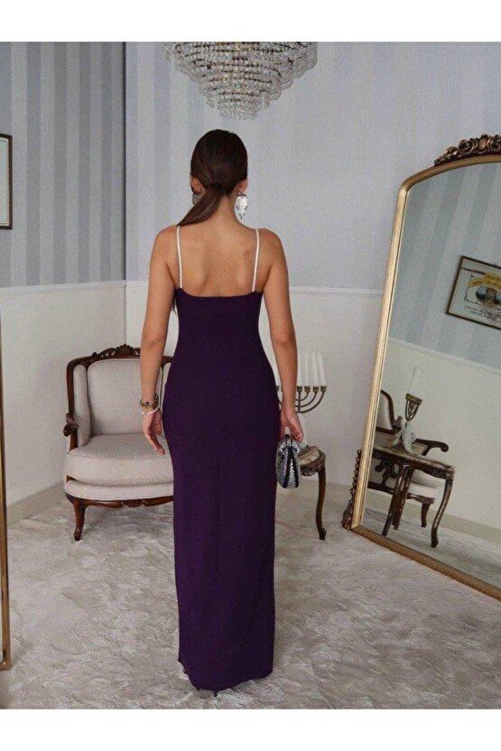 Kadın Omuz Askılı Derin Yırtmaç Detay Maxi Boy Elbise