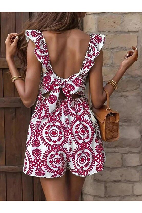 Kadın Askılı Kare Yakalı Arkadan Bağcıklı Desenli Keten Tulum