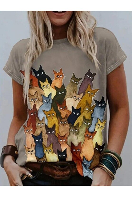 Kadın Kısa Kollu Bisiklet Yaka Kedi Desenli Süprem Bluz
