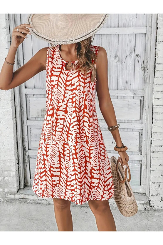 Kadın Sıfır Kol Yakadan Halka Detaylı Desenli Kısa Bürümcük Elbise