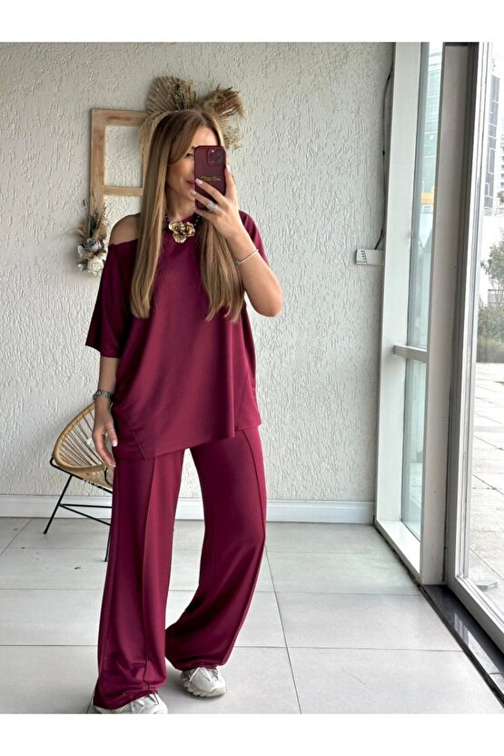 Yeni Sezon Kadın Tek Omuzdan Açık Geniş Kesim Viskon İki İplik Bluz ve Pantolon İkili Takım
