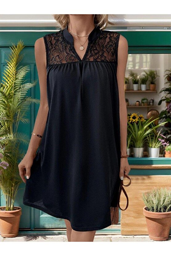 Kadın Kolsuz V Hakim Yaka Dantelli Janjan Krep Elbise