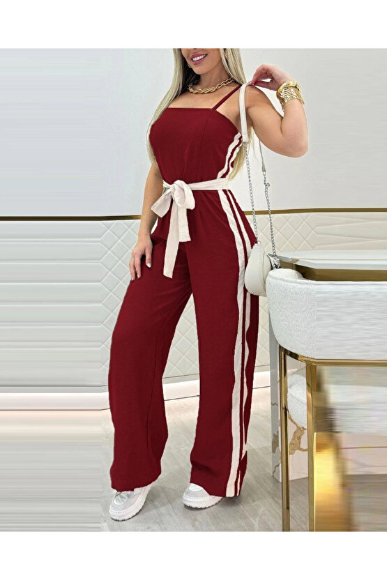 EQURİ Kadın Ip Askılı Straplez Belden Kuşaklı Viskon Iki Iplik Tulum