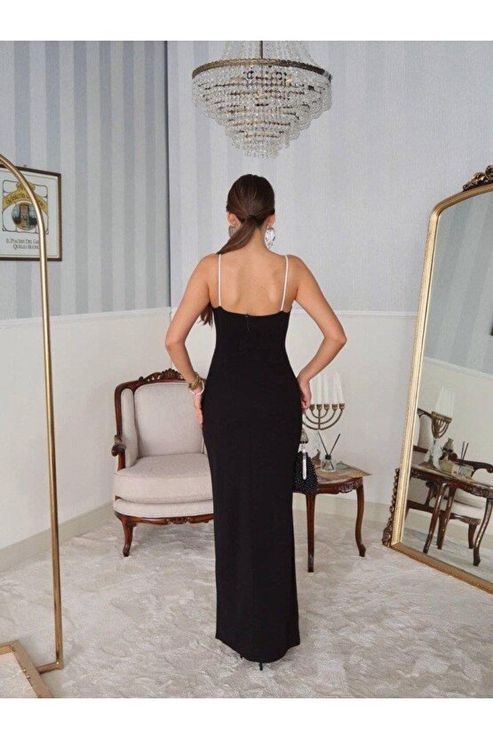 Kadın Omuz Askılı Derin Yırtmaç Detay Maxi Boy Elbise