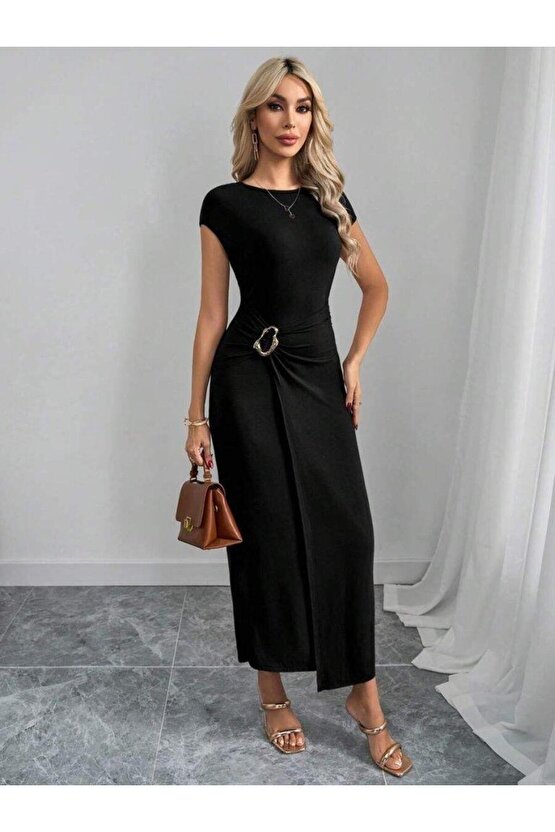 Kadın Yarım Ay Kollu Yuvarlak Yaka önünde Toka Detaylı Modal Maxi Elbise