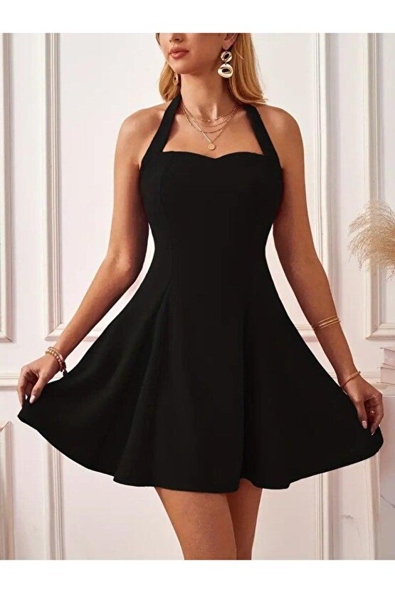 Kadın Boyundan Askılı Sırtı Açık Ithal Krep Mini Elbise