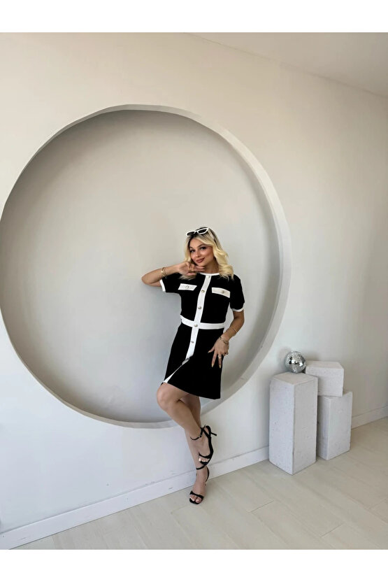 Kadın Kısa Kollu Bisiklet Yaka önden Düğmeli Modal Elbise