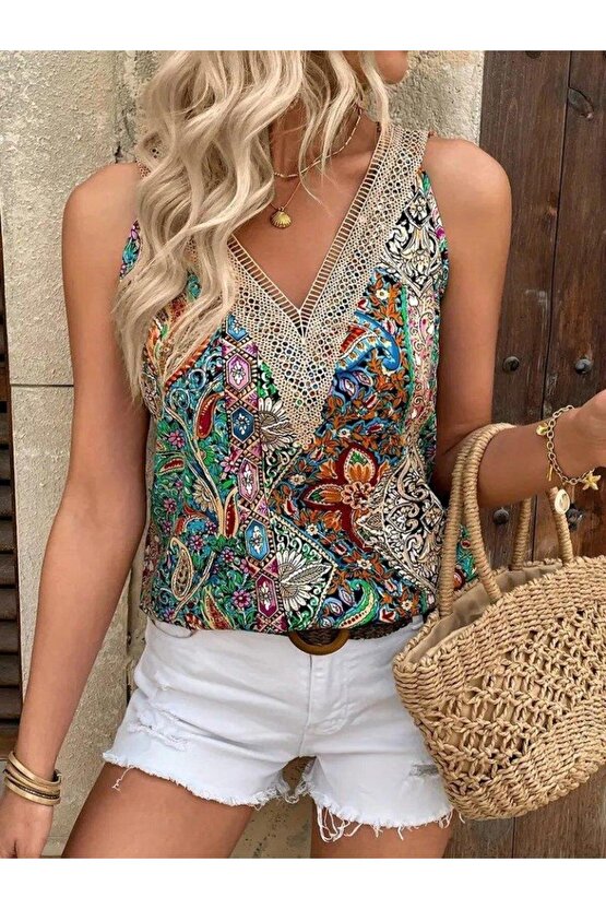 Kadın Askılı V Yaka Dantelli Süprem Bluz