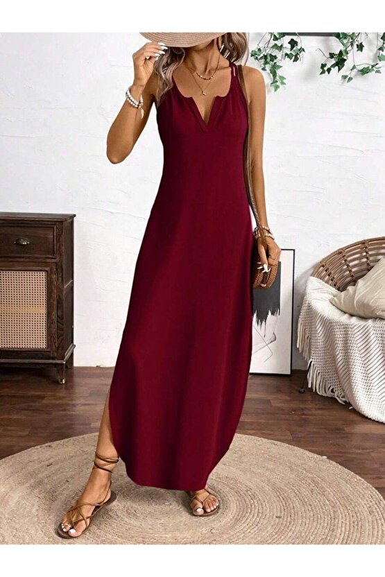 Kadın Askılı Yuvarlak Yaka Asimetrik Detaylı Viskon Elbise