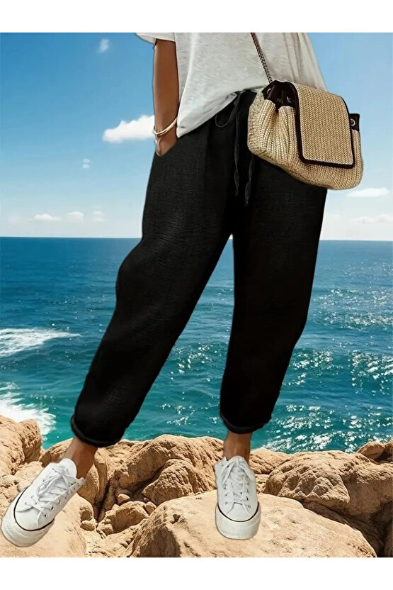 EQURİ Kadın Yüksek Bel Lastikli Belde Bağcık Detaylı Aerobin Pantolon