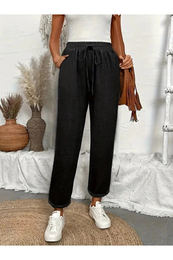 EQURİ Kadın Yüksek Bel Lastikli Belde Bağcık Detaylı Aerobin Pantolon