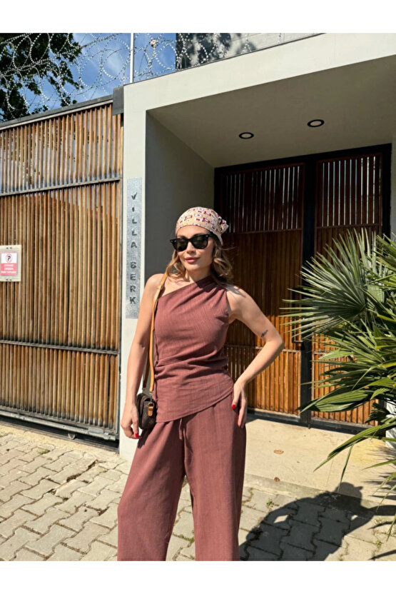 Keten Asimetrik Tek Omuzlu Bluz Pantalon Takım- Bordo