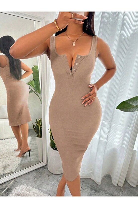 EQURİ Kadın Askılı önü Düğmeli Midi Kaşkorse Elbise