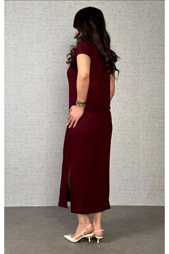 Kadın Kısa Kollu Yakalı Yandan Yırtmaçlı Viskon Iki Iplik Elbise