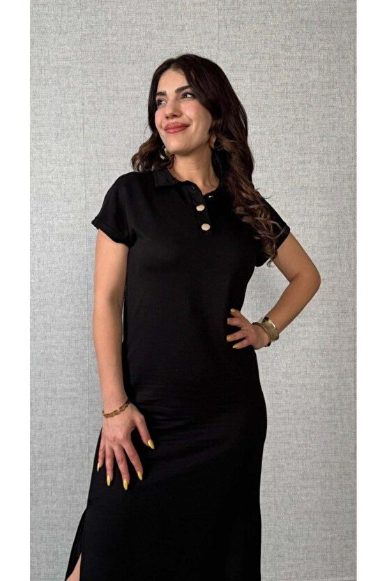 Kadın Kısa Kollu Yakalı Yandan Yırtmaçlı Viskon Iki Iplik Elbise