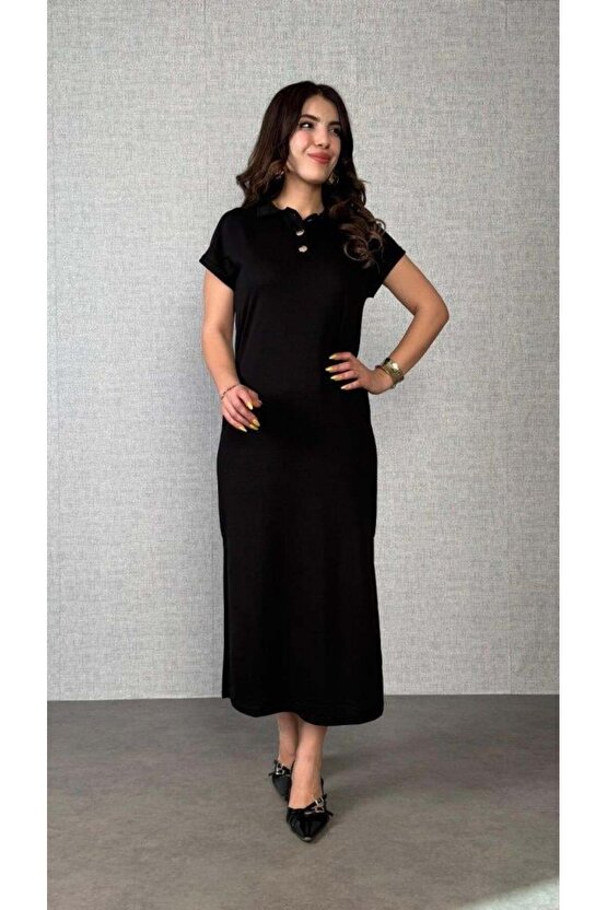 Kadın Kısa Kollu Yakalı Yandan Yırtmaçlı Viskon Iki Iplik Elbise
