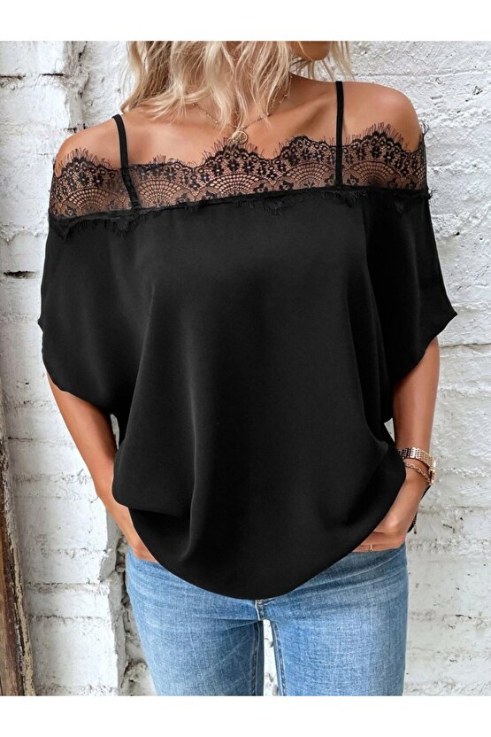 eyesof Kadın Askılı Dantel Janjan Krep Bluz