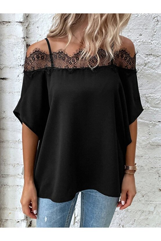 eyesof Kadın Askılı Dantel Janjan Krep Bluz