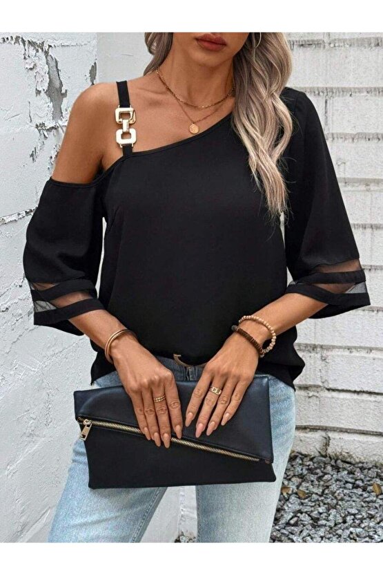 Kadın Askılı Asimetrik Kesim Kol Ve Yaka Kolda Tül Ve Aksesuar Detaylı Janjan Krep Bluz