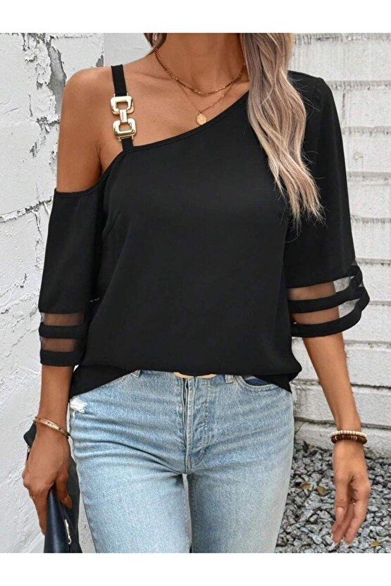 Kadın Askılı Asimetrik Kesim Kol Ve Yaka Kolda Tül Ve Aksesuar Detaylı Janjan Krep Bluz