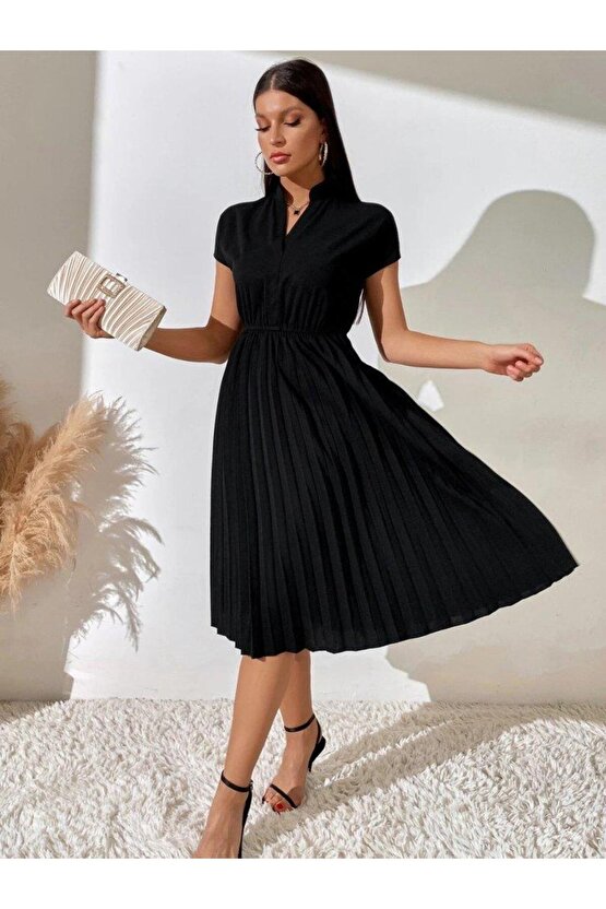 Kadın Kısa Kollu Hakim V Yakalı Pileli Janjan Krep Elbise