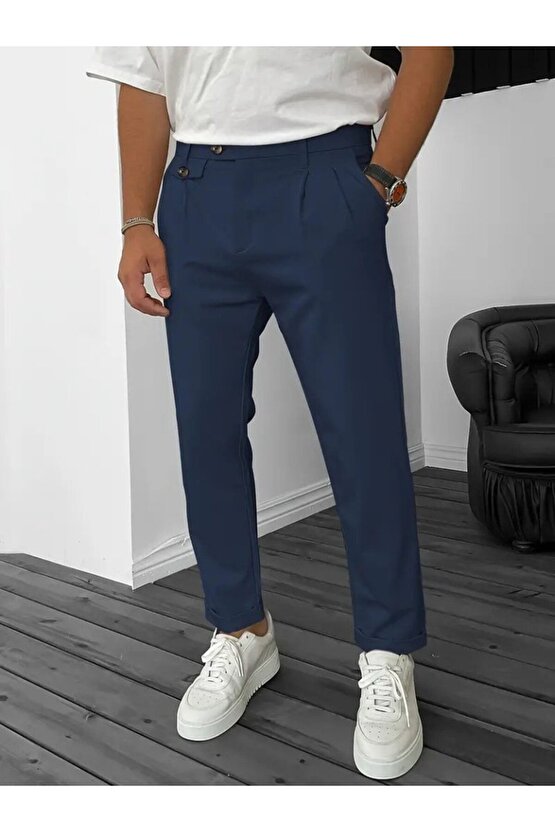 EQURİ Erkek Belden Düğmeli Cepli Dokuma Pantolon