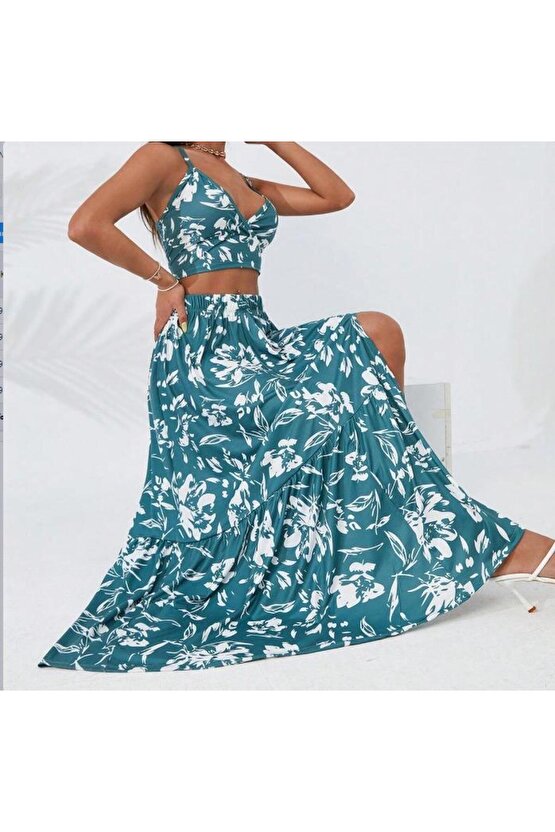 Kadın Ince Askılı çiçek Baskı Desenli Crop Yırtmaçlı Etek Ikili Süprem Takım