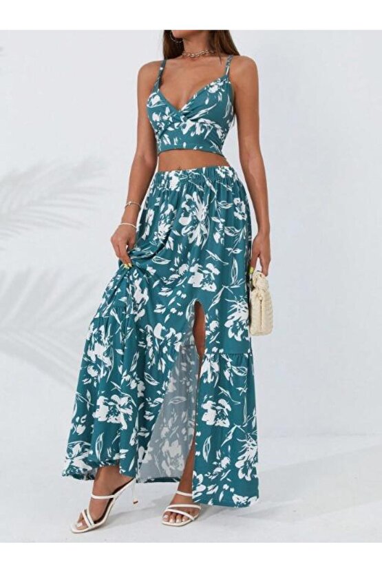Kadın Ince Askılı çiçek Baskı Desenli Crop Yırtmaçlı Etek Ikili Süprem Takım