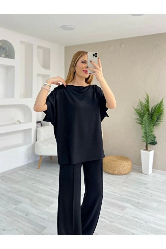 Kadın Kısa Kollu Kayık Yakalı Dikiş Izi Detaylı Viskon Iki Iplik Bluz Ve Pantolon Ikili Takım