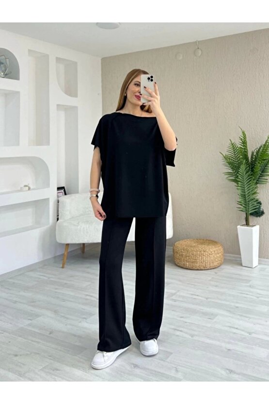 Kadın Kısa Kollu Kayık Yakalı Dikiş Izi Detaylı Viskon Iki Iplik Bluz Ve Pantolon Ikili Takım