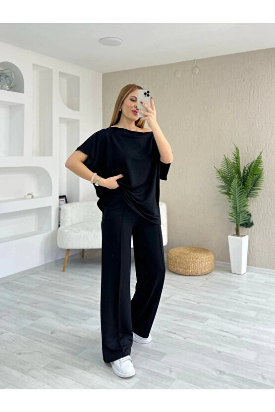 Kadın Kısa Kollu Kayık Yakalı Dikiş Izi Detaylı Viskon Iki Iplik Bluz Ve Pantolon Ikili Takım