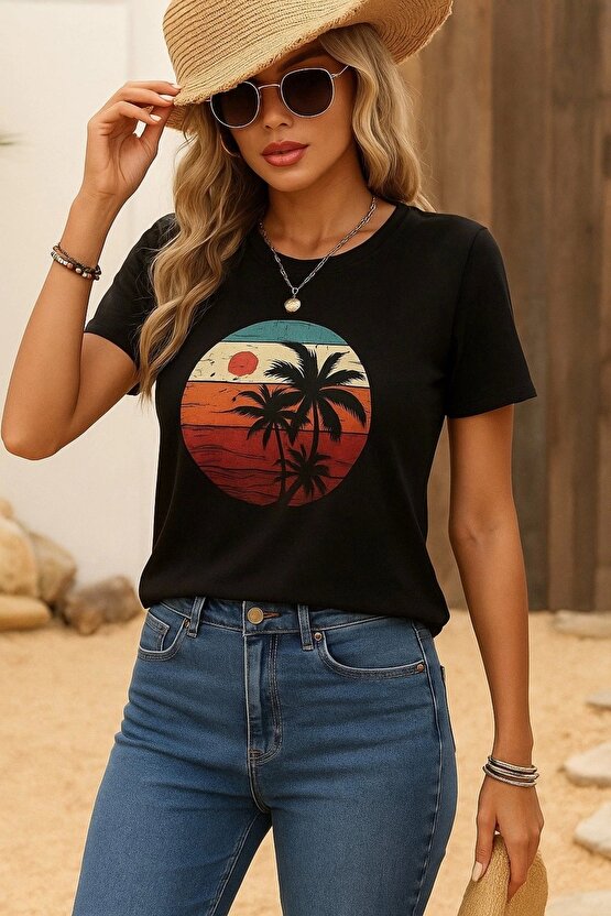 Kadın Kısa Kollu Palmiye Baskılı Viskon T-shirt