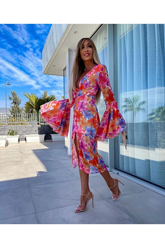 Kadın Göğüs Dekolteli Kolları Volan Detay Astarlı Tül Elbise