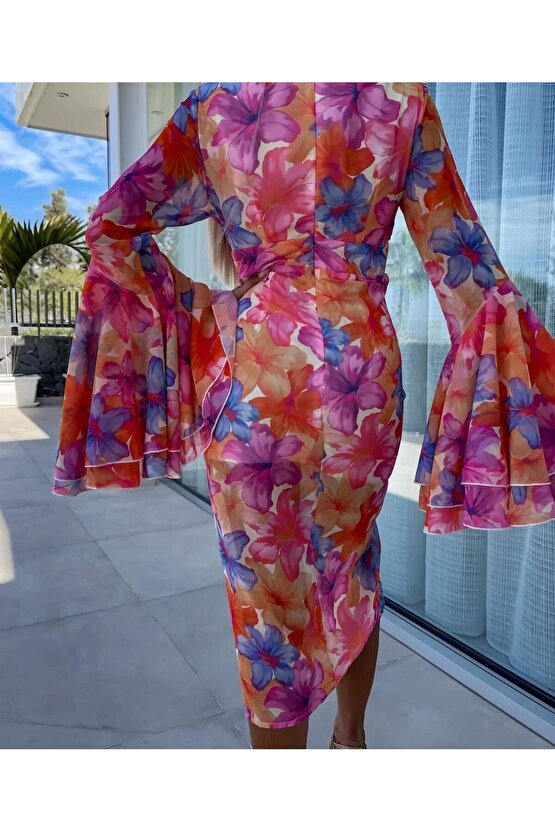 Kadın Göğüs Dekolteli Kolları Volan Detay Astarlı Tül Elbise