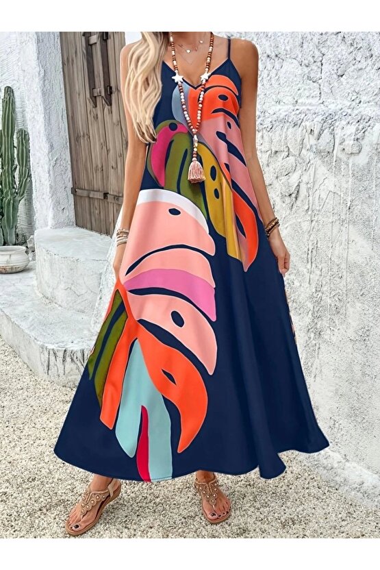 Kadın Ip Askılı V Yakalı Desenli Süprem Maxi Elbise