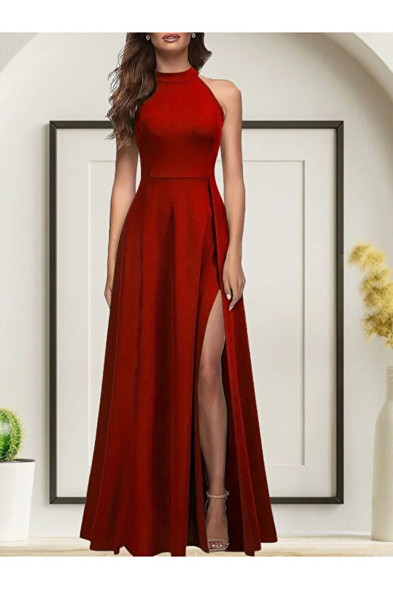 MDB Kadınhalter Yaka Derin Yırtmaç Detaylı Tam Boy Ithal Krep Abiye Elbise