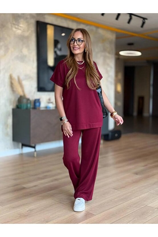 Kadın Kısa Kollu Bisiklet Yaka Viskon Iki Iplik Bluz Ve Pantolon Ikili Takım