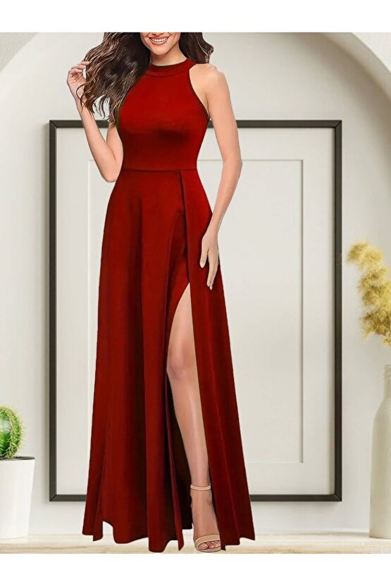 Kadınhalter Yaka Derin Yırtmaç Detaylı Tam Boy Ithal Krep Abiye Elbise