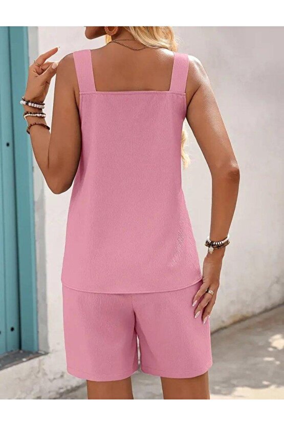 Kadın Askılı Yuvarlak Yaka Kuş Gözü Detaylı Bürümcük Bluz Ve Short Ikili Takım