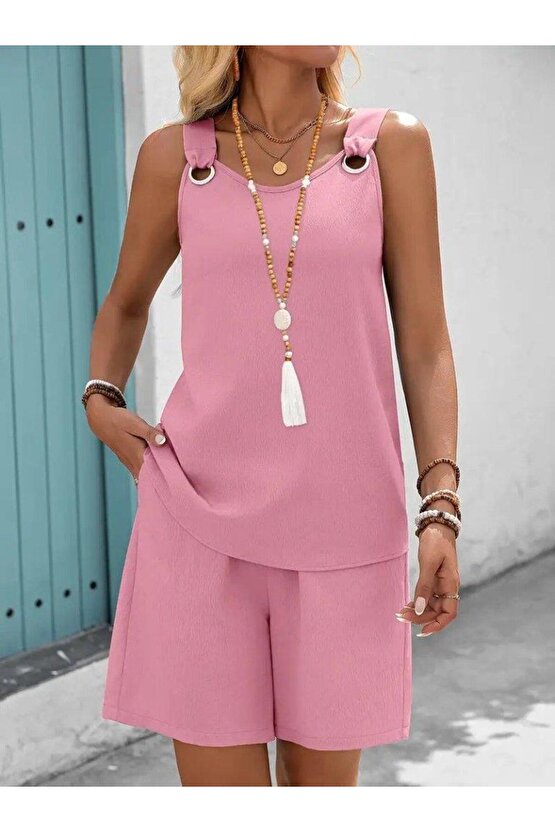 Kadın Askılı Yuvarlak Yaka Kuş Gözü Detaylı Bürümcük Bluz Ve Short Ikili Takım